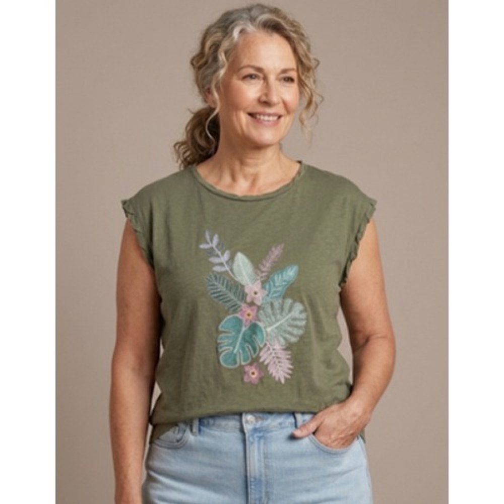 Talbots Womens Plus 2XP Green Floral Embroidered Cap Sleeve T-Shirt Relaxed